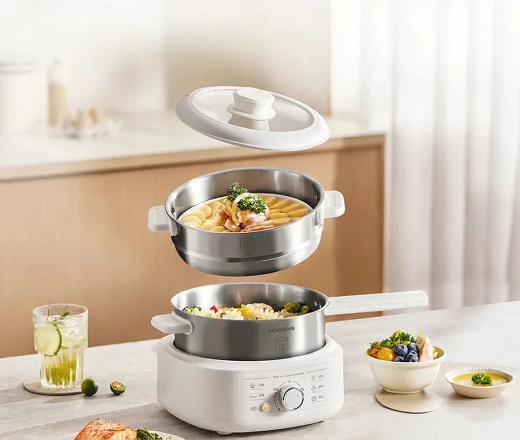 Pentola elettrica in acciaio inox con vaporiera, 3L, 220V