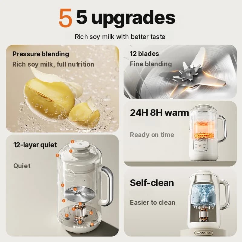 Frullatore per latte di soia riscaldante 1.2L con pentola interna in acciaio inox