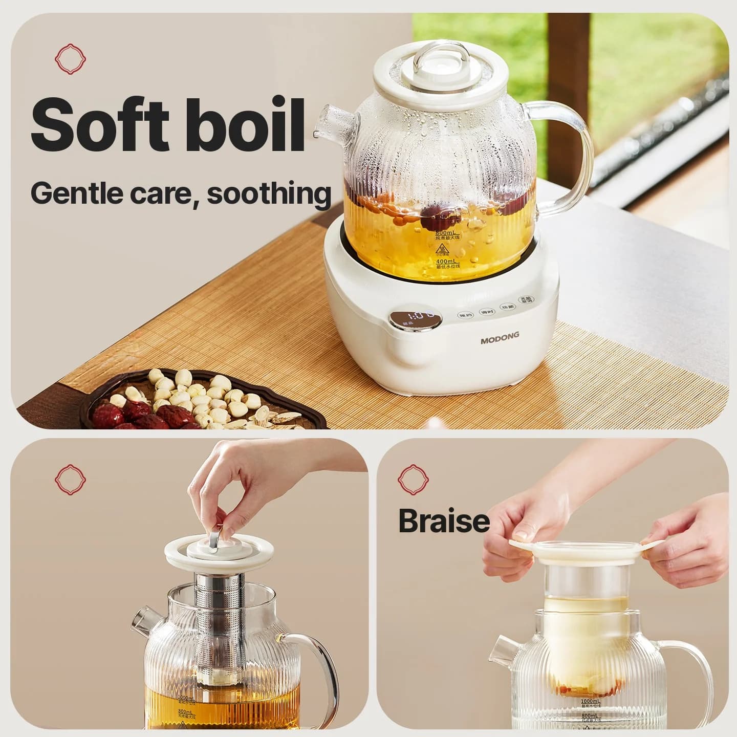 Bollitore elettrico in vetro con controllo della temperatura, 1L