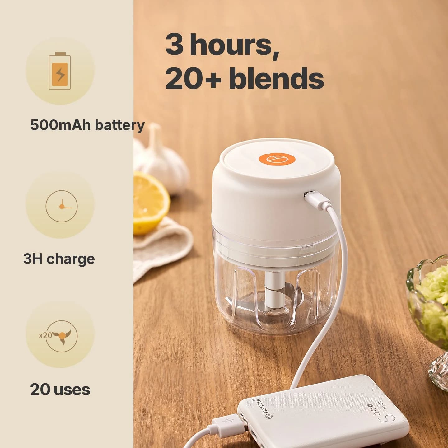 Tazza tritatutto elettrica wireless per aglio 250mL 5V 30W plastica