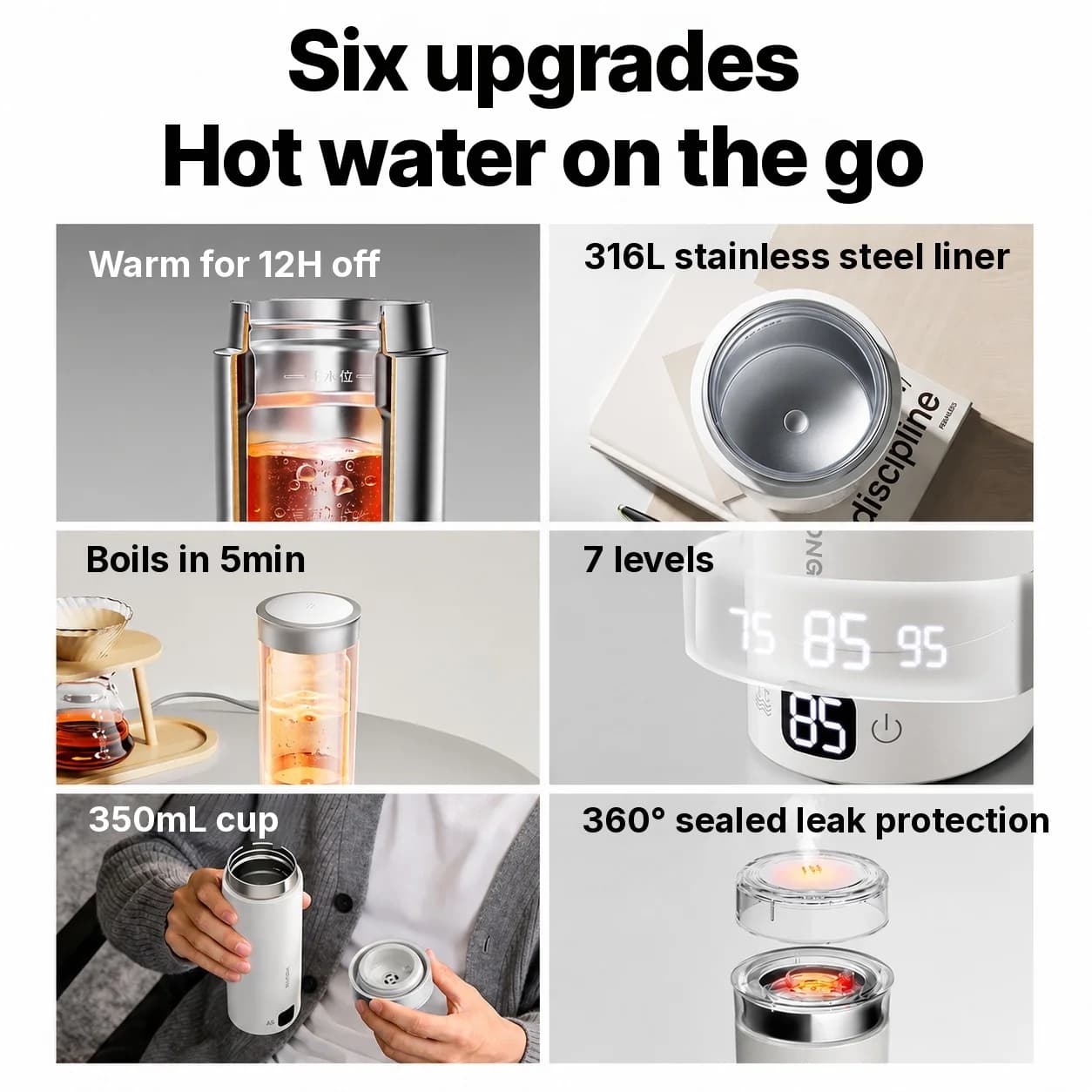 Tazza elettrica portatile per riscaldare l'acqua 350ml in acciaio inossidabile 316L